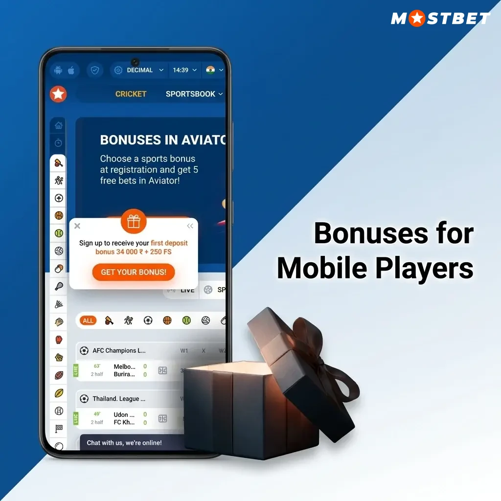 Mobile player bonuses including 125% welcome bonus up to ₹34,000 with 250 free spins and sports free bets