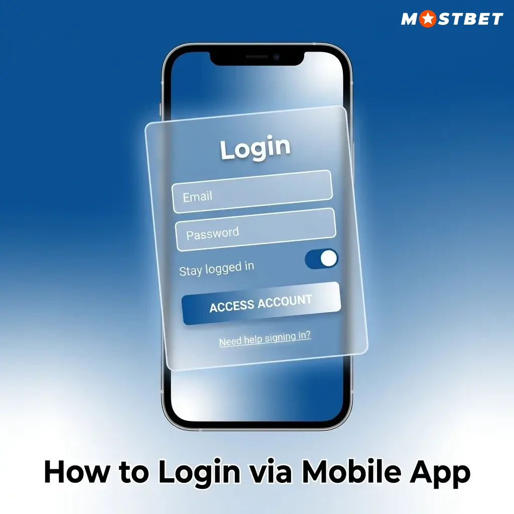 Mostbet app login screen on iPhone showing email, password fields and biometric authentication options for quick access